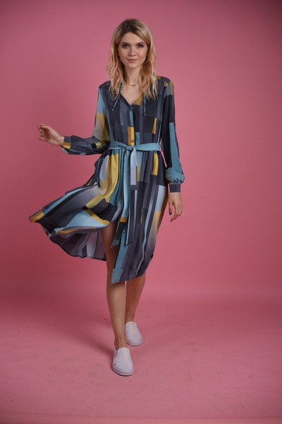 Изображение Платье рубашка с евро - шифона, геометрический принт, коллекция "Коллаж", от Pink 7